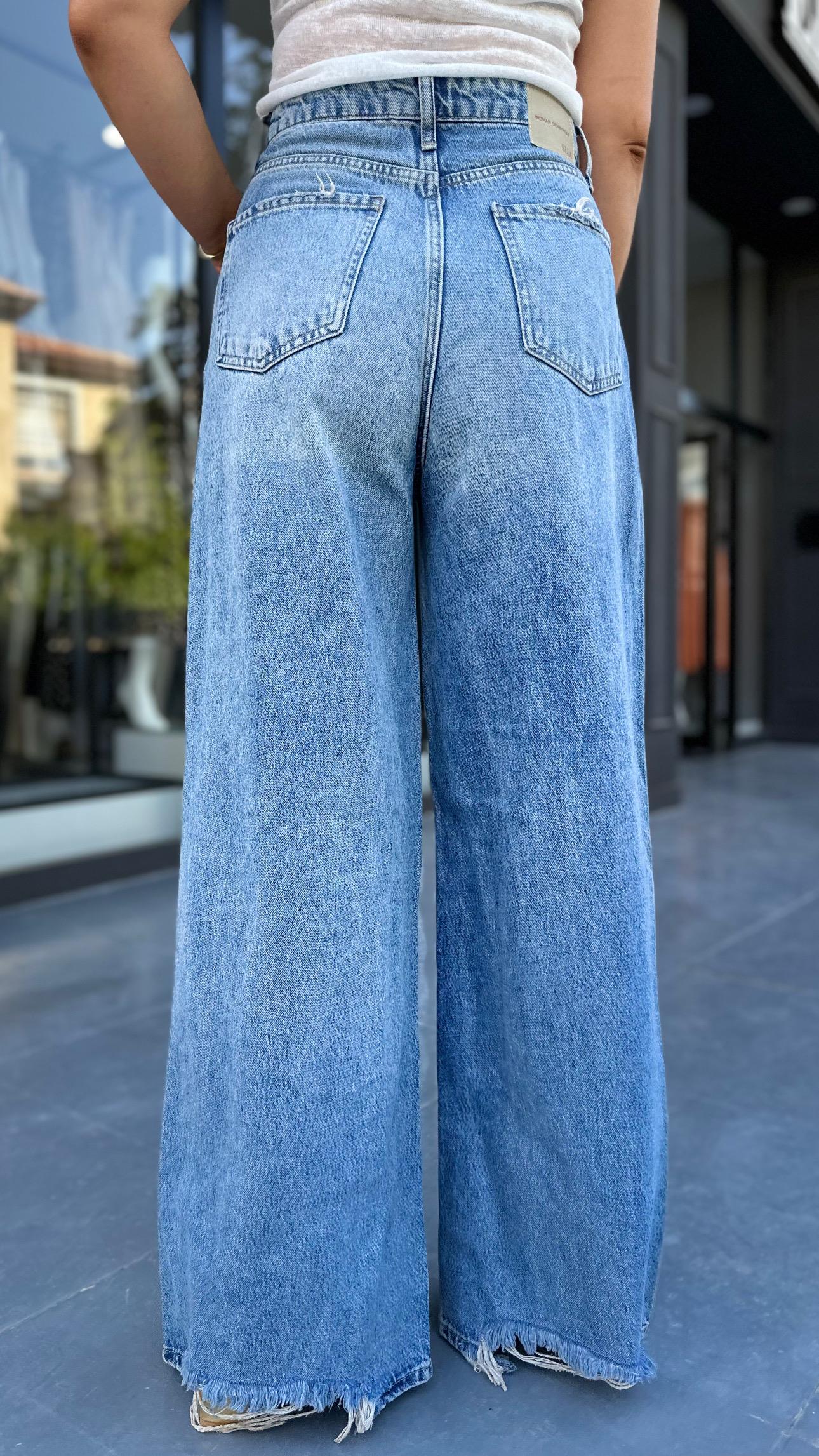 Ripped Detail Ultra High Waist Wide Leg Jeans