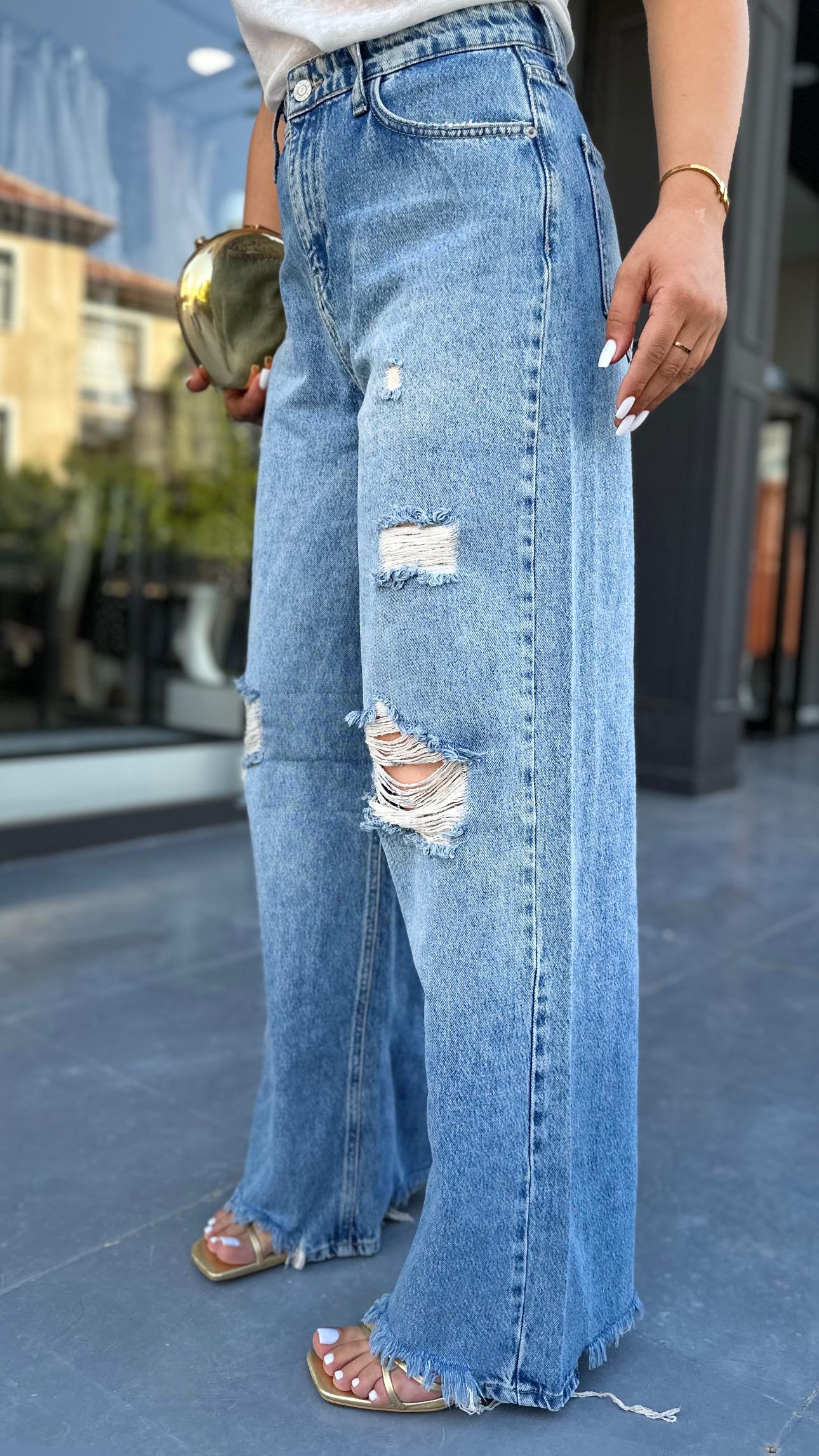 Ripped Detail Ultra High Waist Wide Leg Jeans