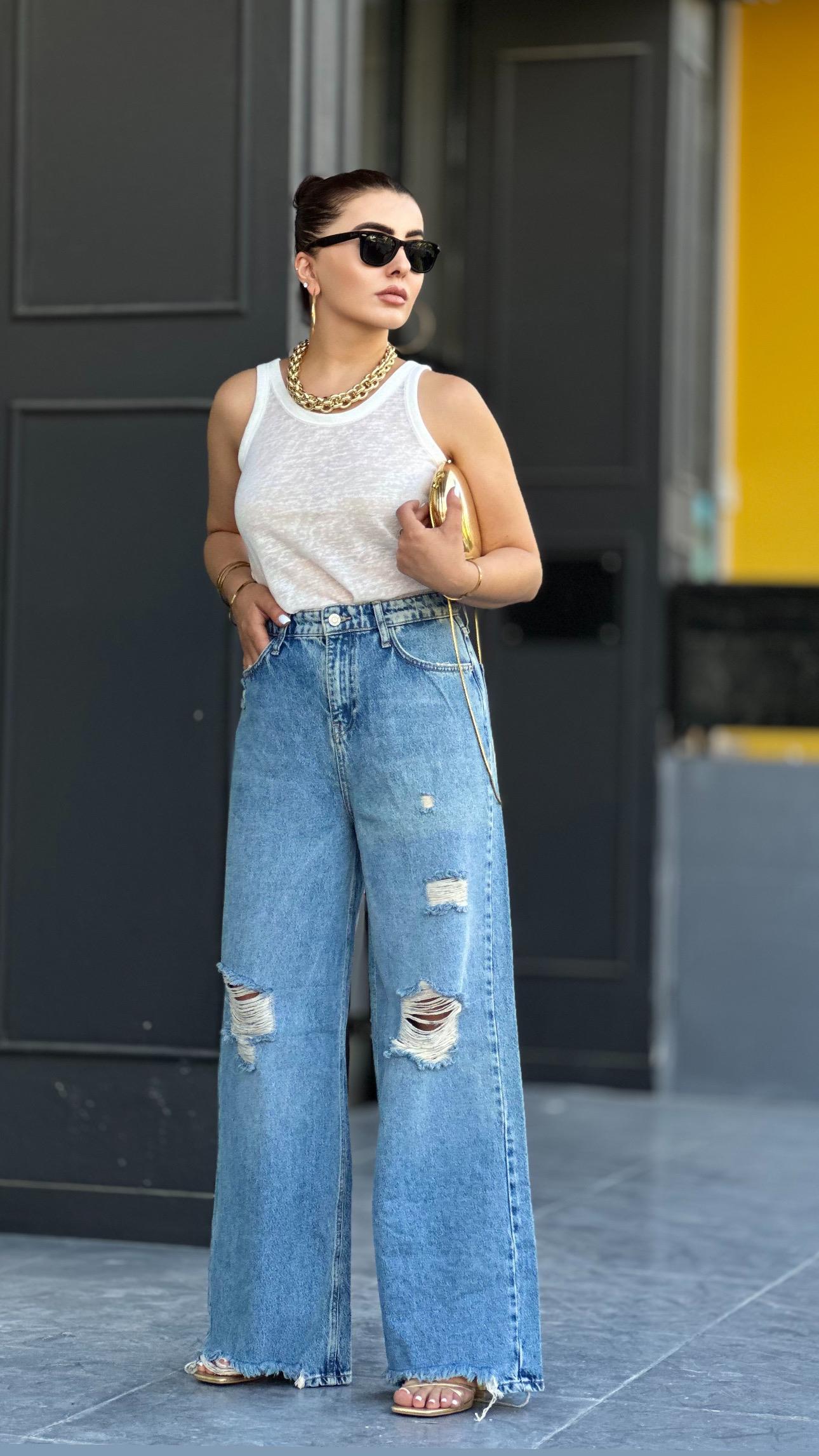 Ripped Detail Ultra High Waist Wide Leg Jeans