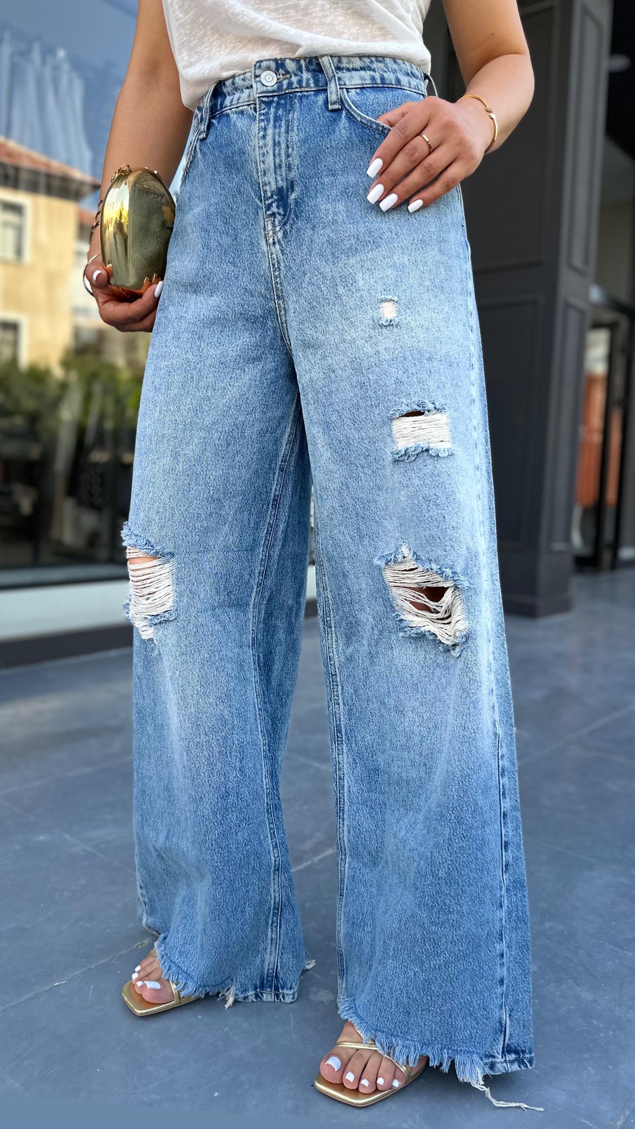 Ripped Detail Ultra High Waist Wide Leg Jeans