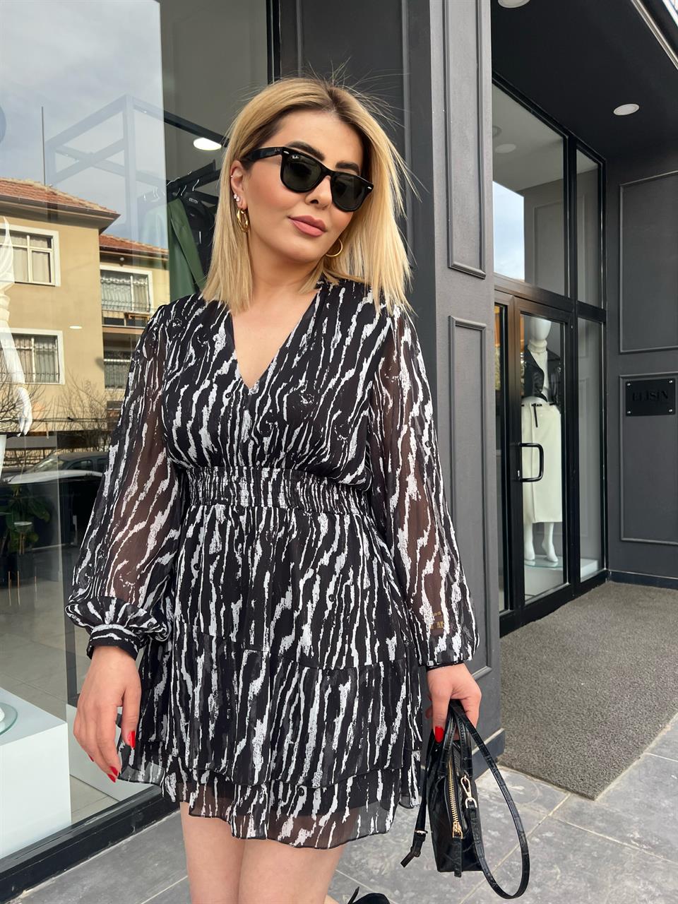 Zebra Pattern Layered Chiffon Dress