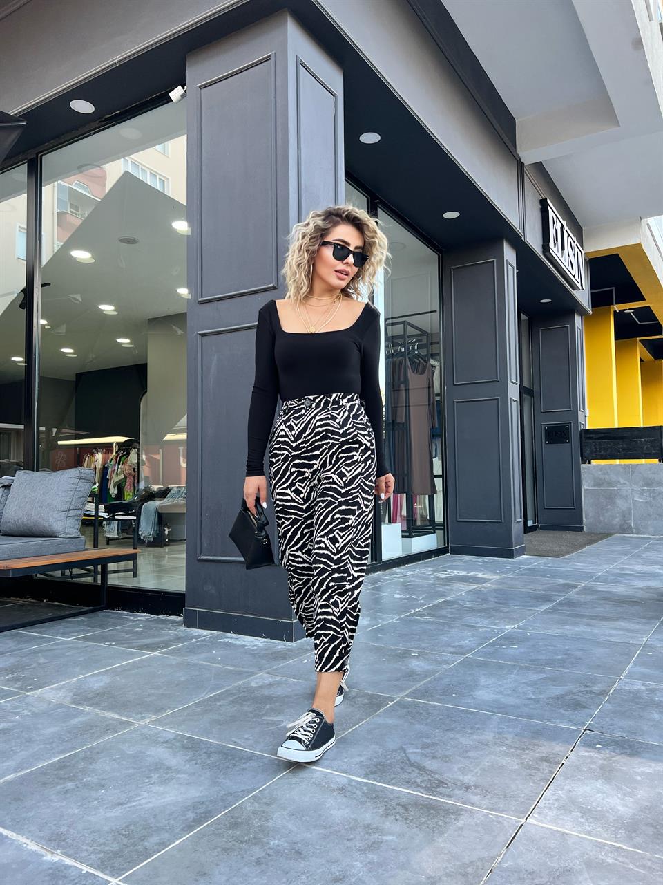 Zebra Desen Paça Düğmeli Slouchy Pantolon