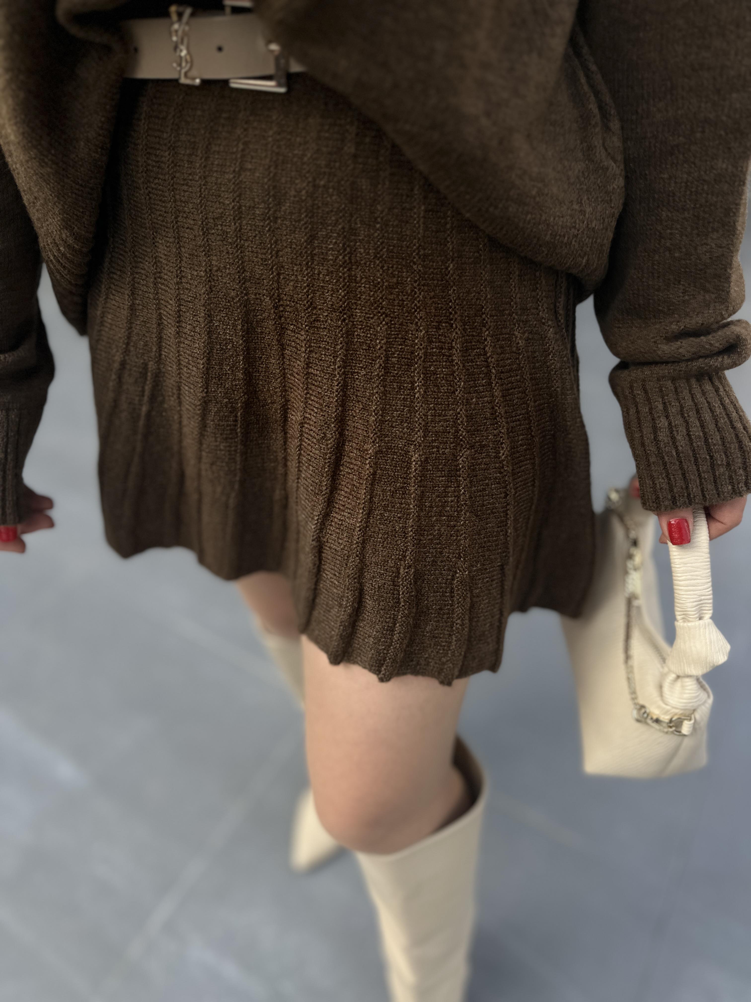 Zr Model Coffee Turtleneck Knit Sweater and Skirt Set