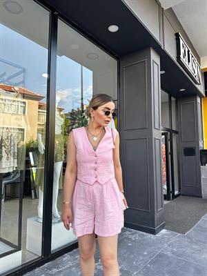  Pembe %100 Ham Keten Şort