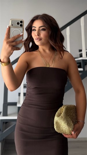 Bitter Brown Strapless Dress with Back Slit