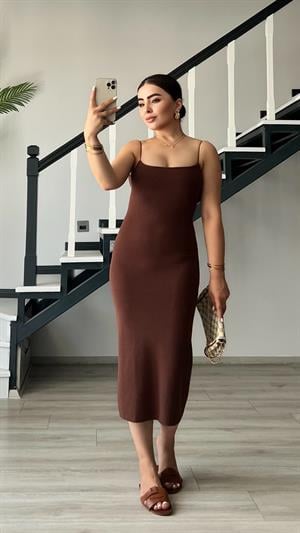 Acı Kahve Çelik Örme Askılı Elbise