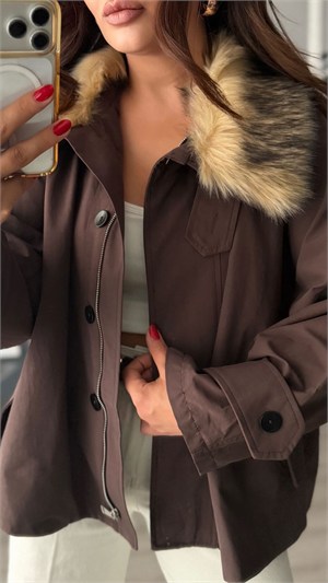 Dark Brown Trench Coat with Removable Fur Collar