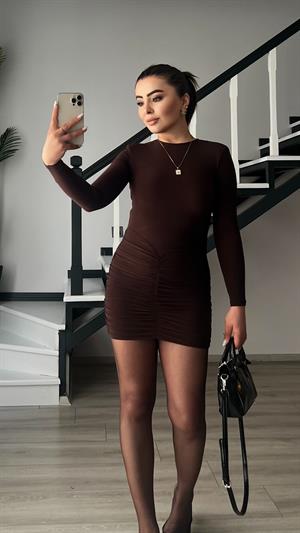 Acı Kahve Drape Detaylı Vatkalı Mini Elbise 