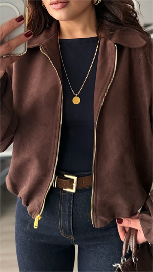 Acı Kahve Gold Fermuarlı Süet Bomber Ceket