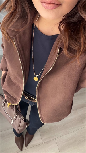 Acı Kahve Gold Fermuarlı Süet Bomber Ceket