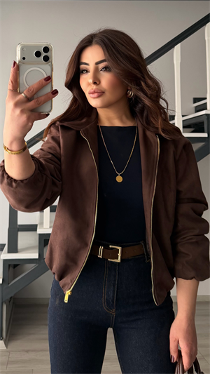 Acı Kahve Gold Fermuarlı Süet Bomber Ceket