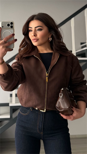 Acı Kahve Gold Fermuarlı Süet Bomber Ceket