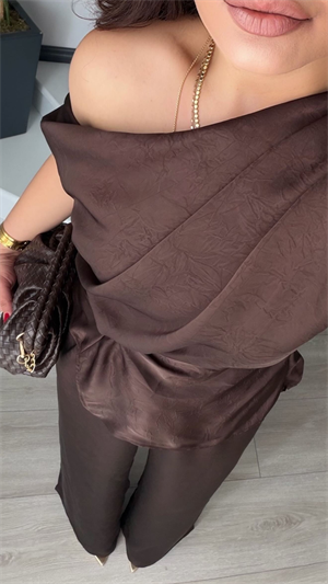 Dark Brown Satin Blouse and Pants Set with Gold Buckle Detail