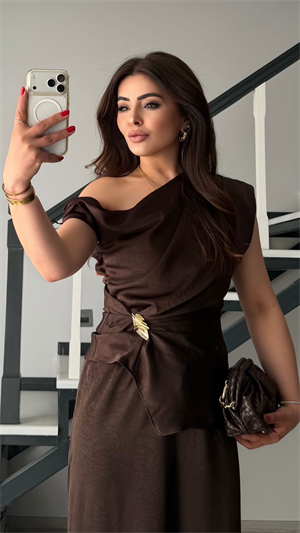 Dark Brown Satin Blouse and Pants Set with Gold Buckle Detail