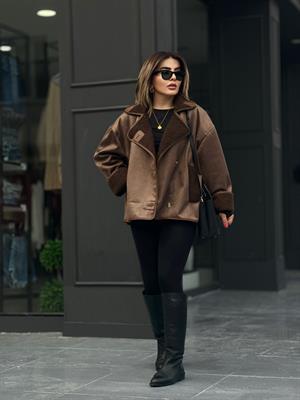 Acı Kahve İçi Kürklü Oversize Ceket 