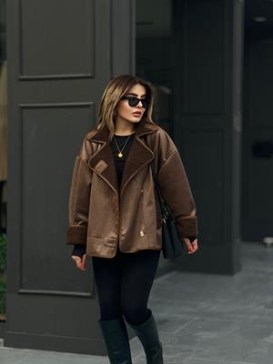 Acı Kahve İçi Kürklü Oversize Ceket 
