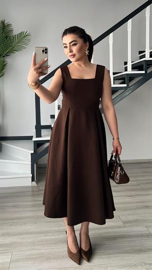 Acı Kahve Kare Yaka Piliseli Çan Elbise 