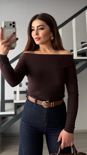 Acı Kahve Kayık Yaka Soft Touch Bluz