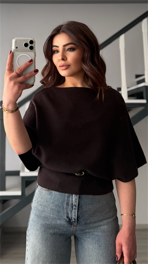 Dark Brown Boat Neck Batwing Sleeve Belted Knit Blouse