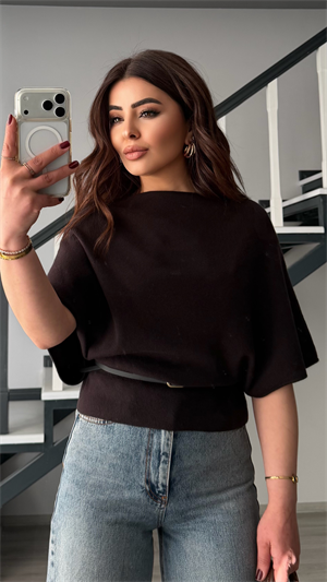 Dark Brown Boat Neck Batwing Sleeve Belted Knit Blouse