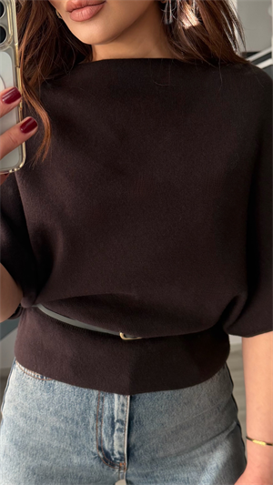Dark Brown Boat Neck Batwing Sleeve Belted Knit Blouse