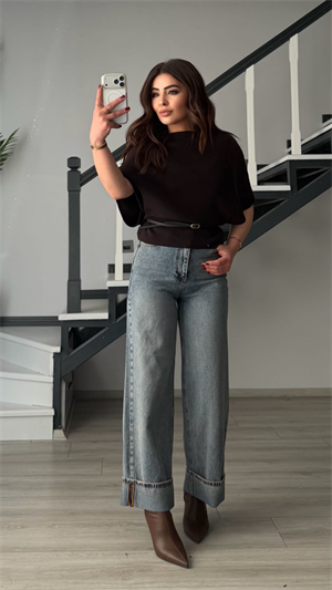 Dark Brown Boat Neck Batwing Sleeve Belted Knit Blouse