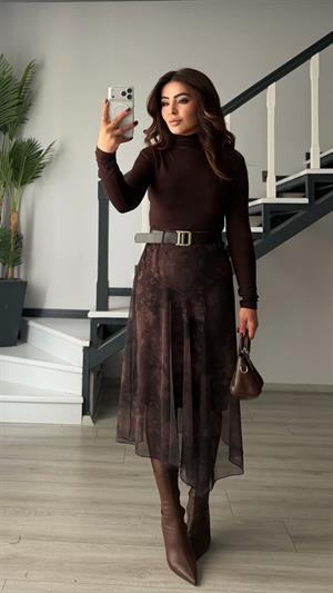 Acı Kahve Kemerli Çiçek Motifli Astarlı Asimetrik Tül Etek