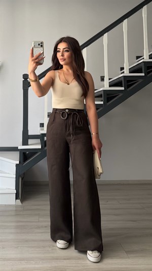 Dark Brown Belted Raw Linen Pants
