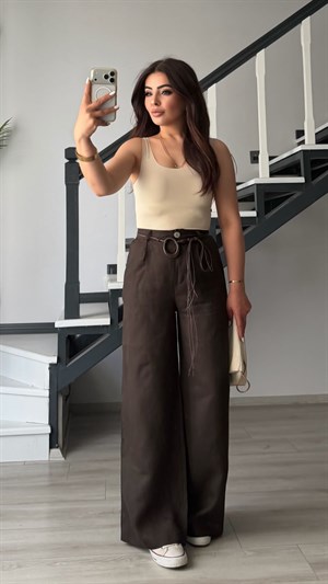 Dark Brown Belted Raw Linen Pants