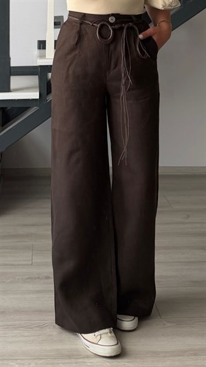 Dark Brown Belted Raw Linen Pants