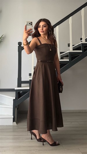 Dark Brown Linen Belted Midi Dress with Straps