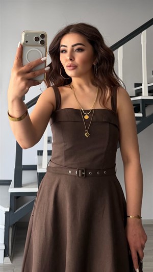 Dark Brown Linen Belted Midi Dress with Straps