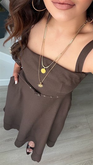Dark Brown Linen Belted Midi Dress with Straps
