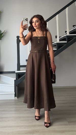 Dark Brown Linen Belted Midi Dress with Straps