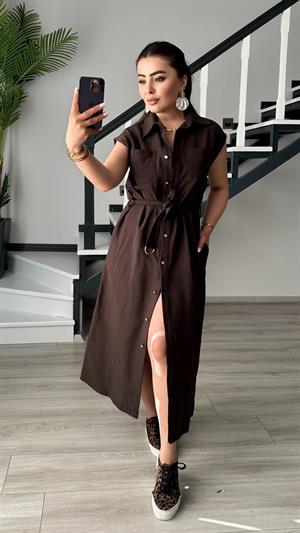 Acı Kahve Keten Kemerli Gömlek Elbise