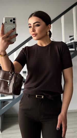 Acı Kahve Kısa Kol Basic Triko Bluz