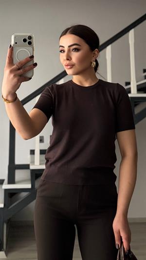 Acı Kahve Kısa Kol Basic Triko Bluz
