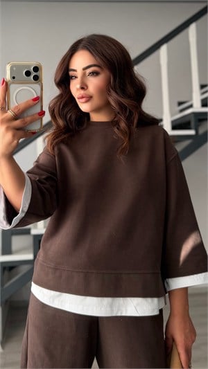 Dark Brown Contrast T-Shirt Detailed Knit Set