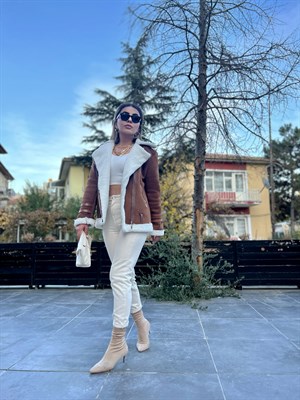 Acı Kahve Nubuk Kürklü Biker Mont