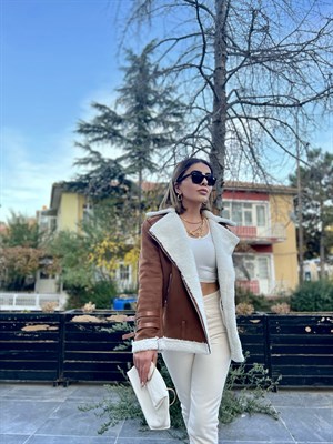 Acı Kahve Nubuk Kürklü Biker Mont