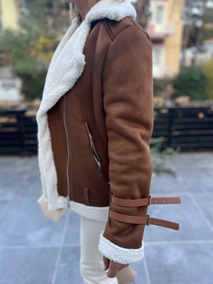 Acı Kahve Nubuk Kürklü Biker Mont