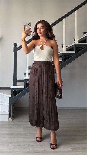 Dark Brown Elastic Cuff Satin Pants
