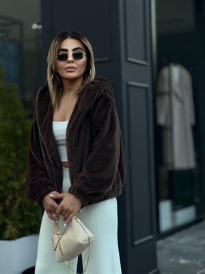 Acı Kahve Peluş Kapüşonlu Mont
