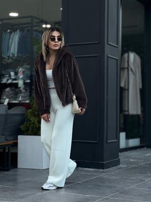 Acı Kahve Peluş Kapüşonlu Mont
