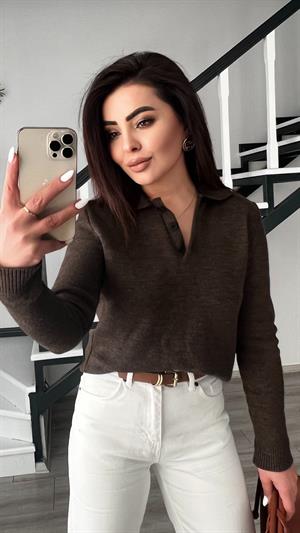 Acı Kahve Polo Yaka Kolu Patlı Triko Kazak 