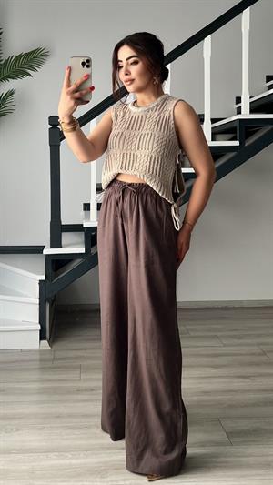 Acı Kahve Premium Bel Bağlamalı Keten Pantolon