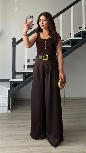 Acı Kahve Premium Kemerli Saten Pantolon