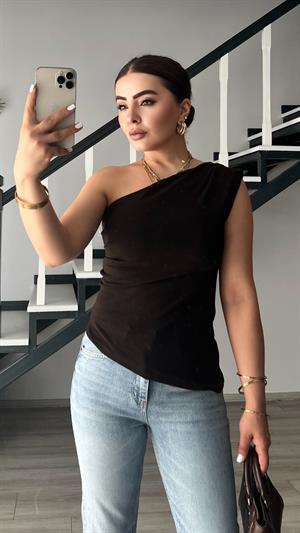 Acı Kahve Tek Omuz Asimetrik Bluz