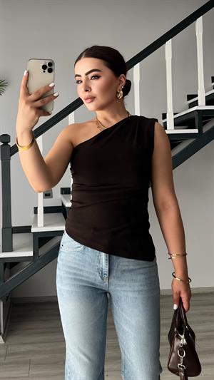 Acı Kahve Tek Omuz Asimetrik Bluz