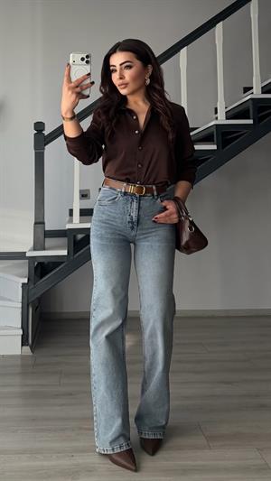 Açık Mavi Kemerli Likralı Straight Jean